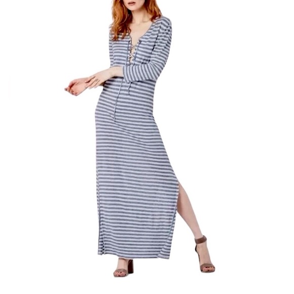 Ag Adriano Goldschmied Linen Blue Striped Lace Up Claude Maxi Dress Size XS - Picture 1 of 15